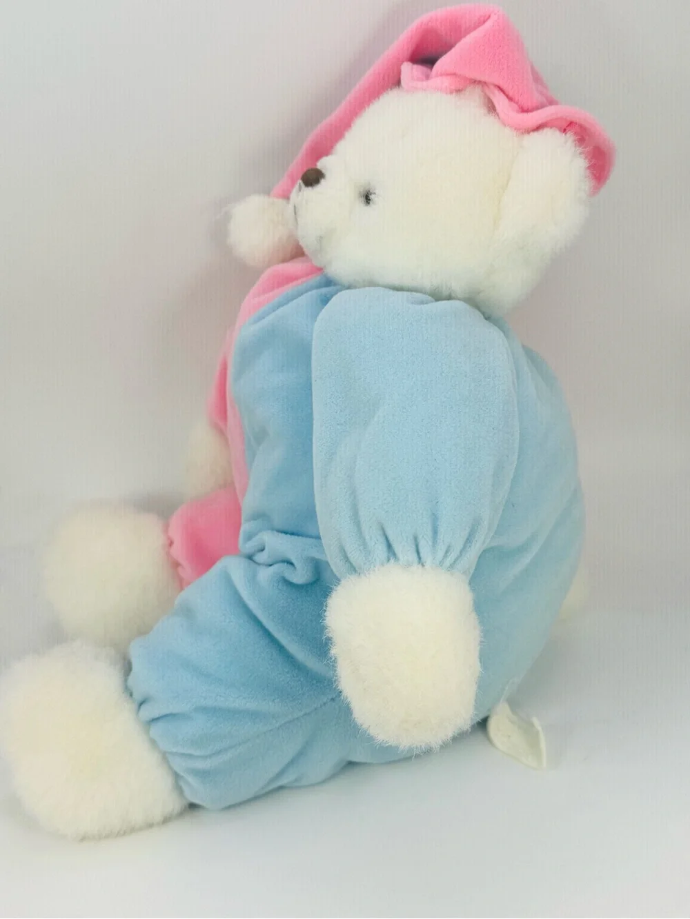 Vintage Teddy Bear Plush White Baby Pink Blue Hat Prestige Toy No Collar 12”